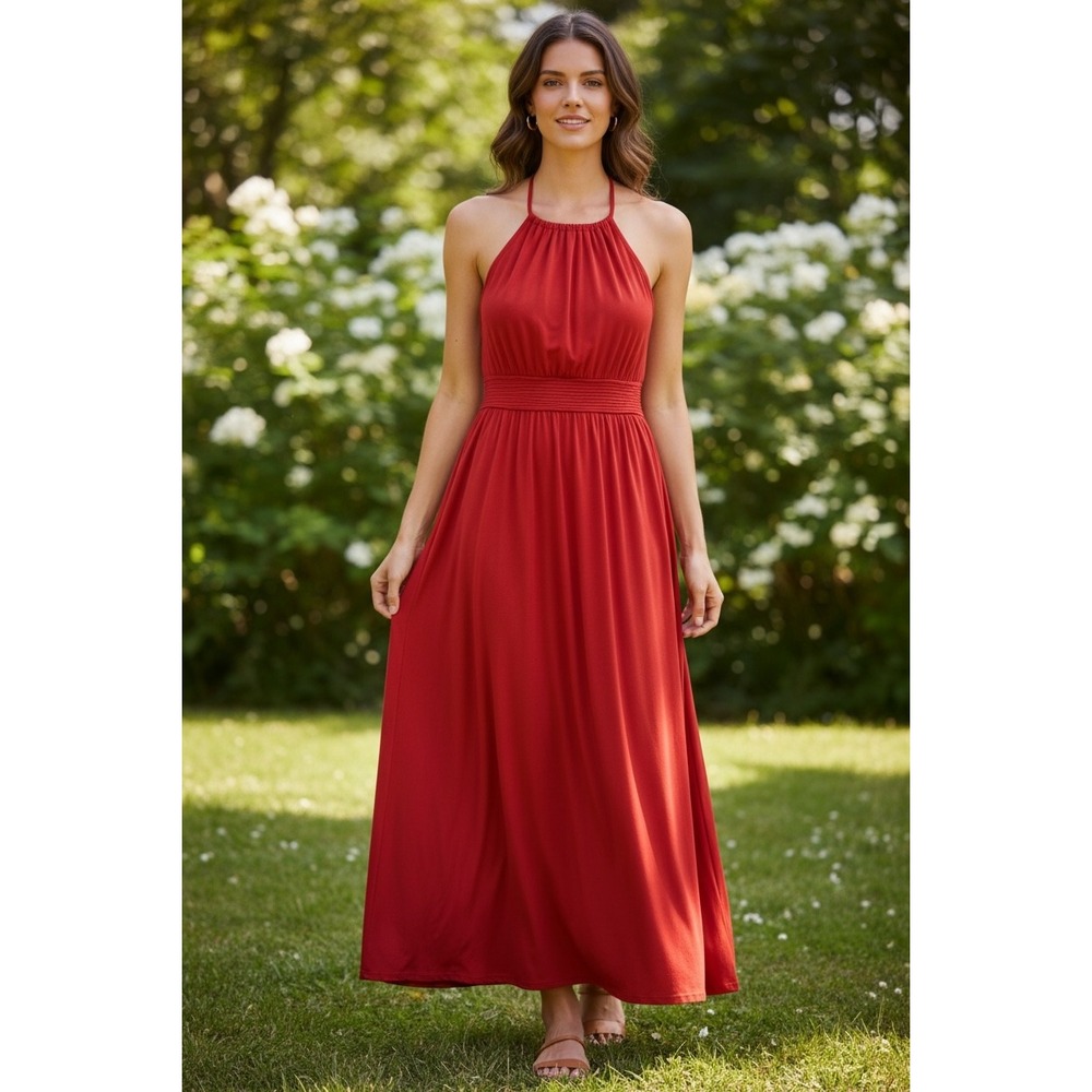 Aura Red Halter Dress‎ Sleeveless Casual Summer Dress Smocked Waist Size Large